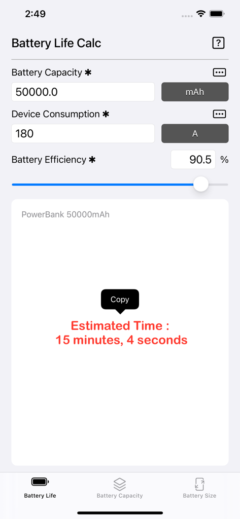 Interface of the Battery Life Calculator app showing an estimated runtime calculation of 15 minutes based on battery capacity and consumption.