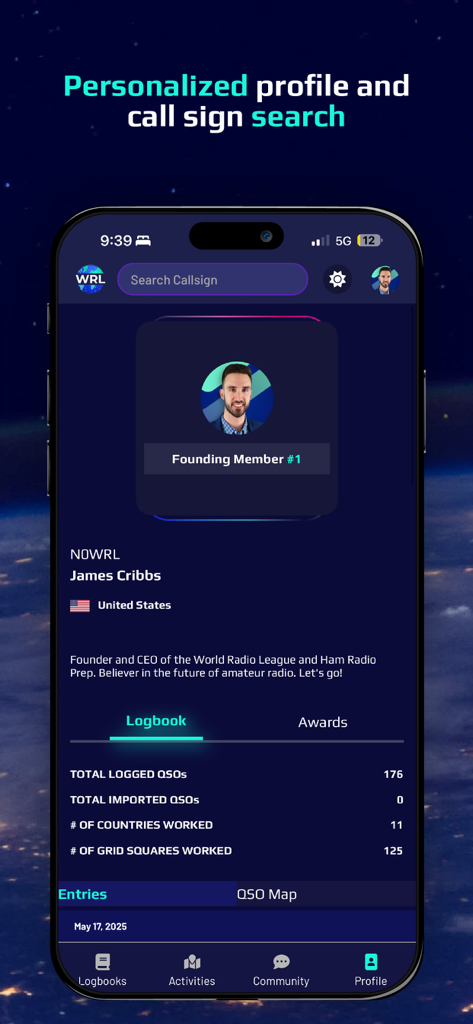 World Radio League - World Radio League app interface showing a personalized user profile with callsign search and amateur radio logbook statistics