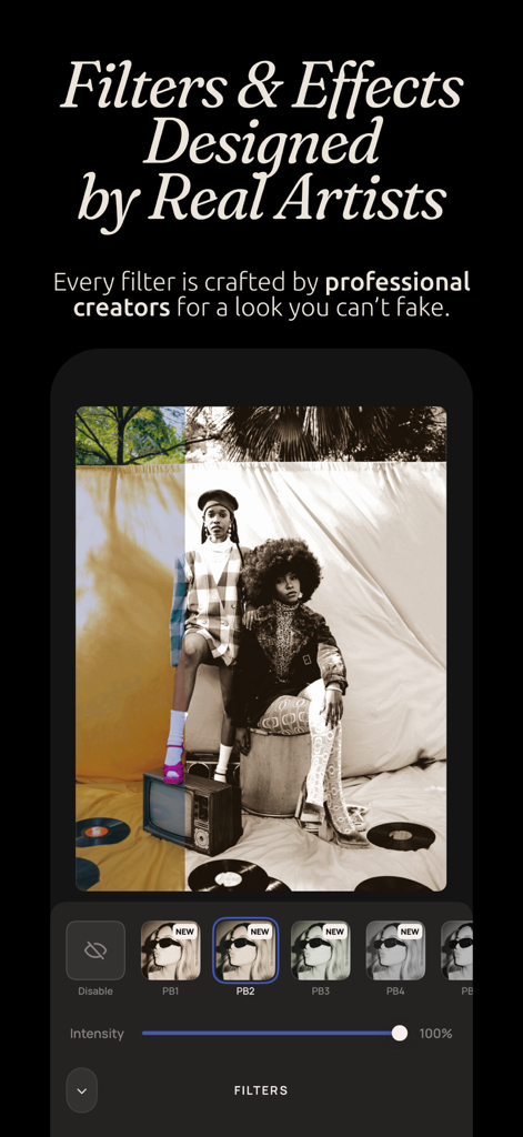 Templify・ Photo & Video Editor - A split-screen view showing a photo before and after applying professional artistic filters in the Templify video editor app.