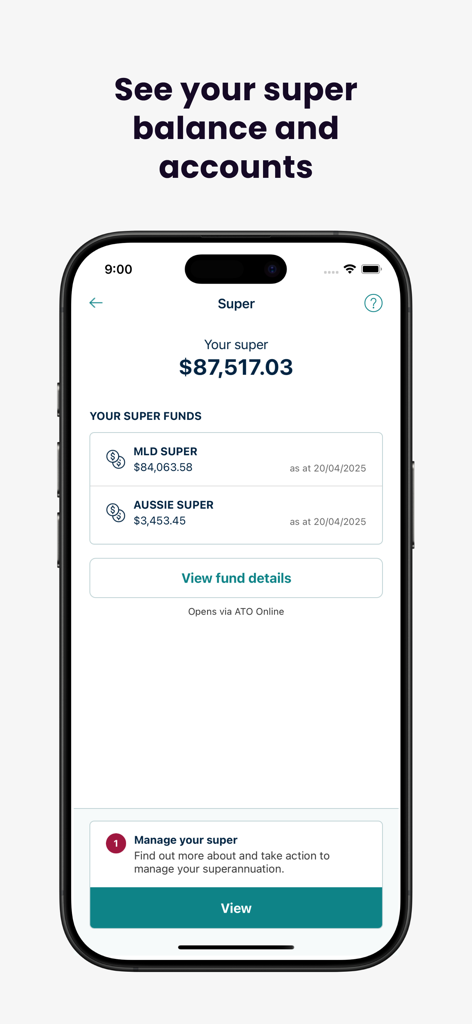 Australian Taxation Office - A smartphone screen displaying the ATO app showing a superannuation balance of over eighty-seven thousand dollars and a list of super funds.