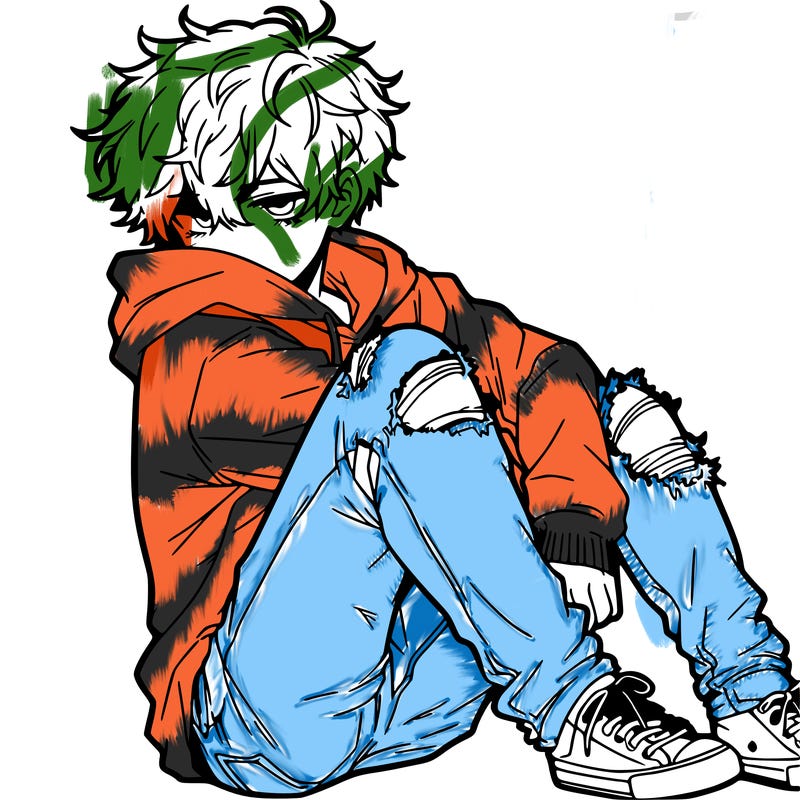 a male hoddie ripped jeans messy hair anime