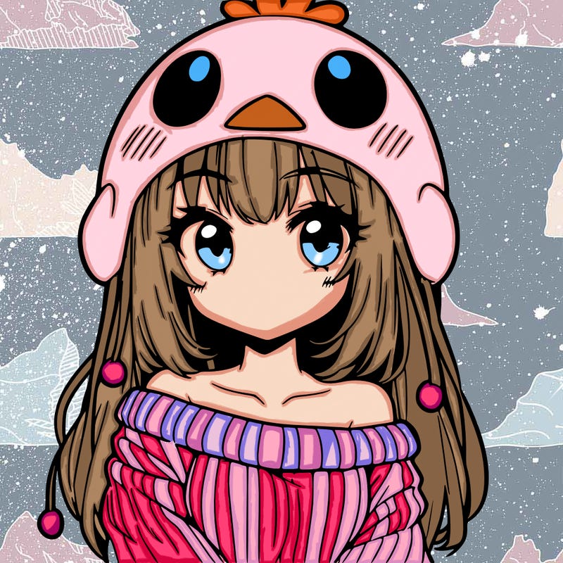 anime girl with chick shaped hat with sweater with bare shoulders with bangs covering them one eye with low tail
