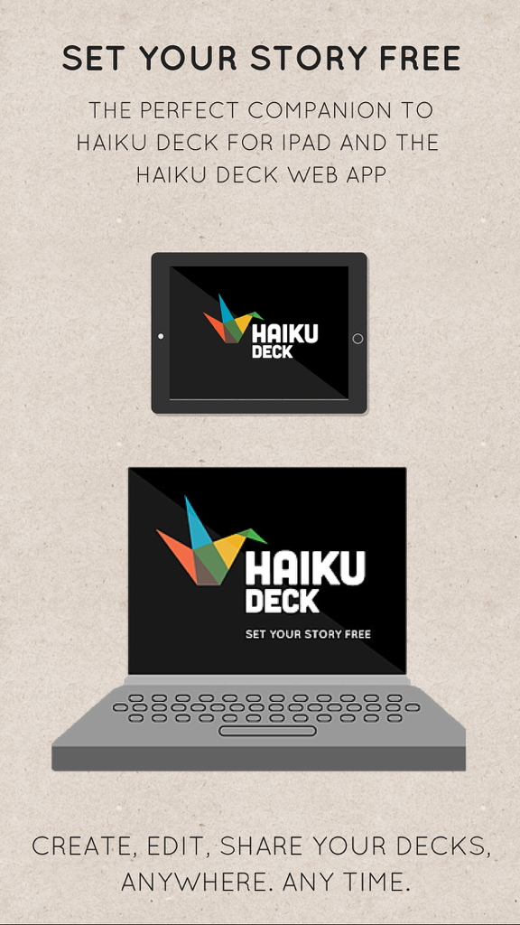 Haiku Deck app displayed on a laptop and tablet highlighting cross-platform presentation creation