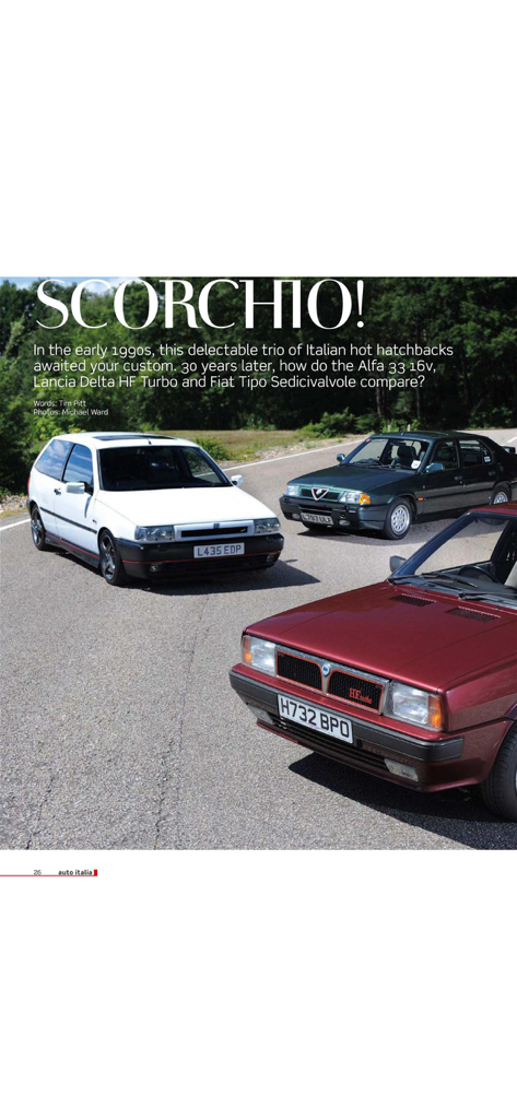 Auto Italia - A digital magazine article from Auto Italia featuring classic Italian hot hatchbacks like the Alfa 33 and Lancia Delta HF Turbo
