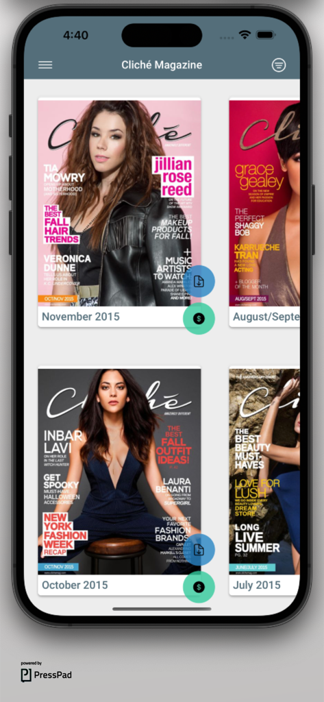 Cliché Magazine app - Screenshot of the Cliché Magazine app displaying a selection of digital magazine covers featuring fashion and celebrity news