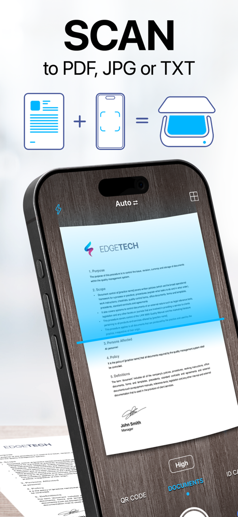 Un smartphone utilizando la aplicación iScanner para escanear un documento profesional en un archivo digital PDF o JPG.