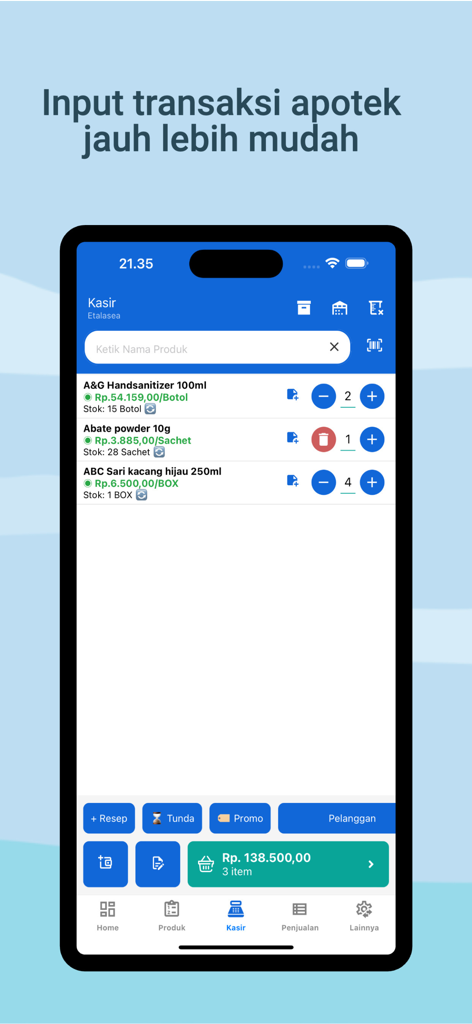 Mitra Apotek Digital - Mobile pharmacy point of sale interface showing a digital checkout screen with medicinal products and pricing.