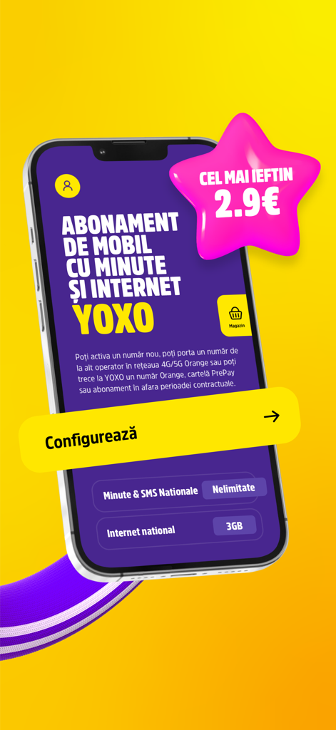 Schermata dello smartphone che mostra l'app YOXO con un piano mobile da 2,9 euro che offre minuti illimitati e 3 GB di dati.