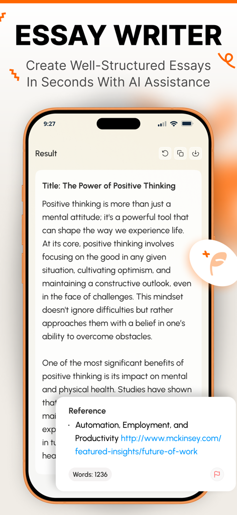 AI Writer: Essay, Story, Email - Interface of AI Writer app displaying a well-structured essay with references and word count