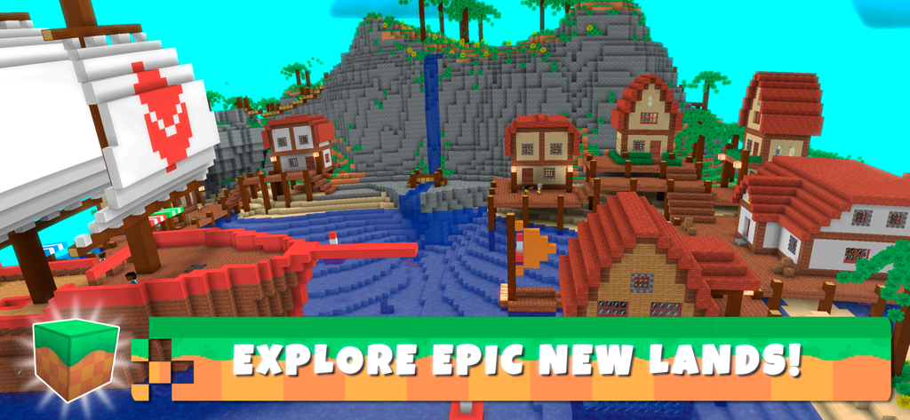 A colorful blocky village and a large ship in a creative sandbox world.