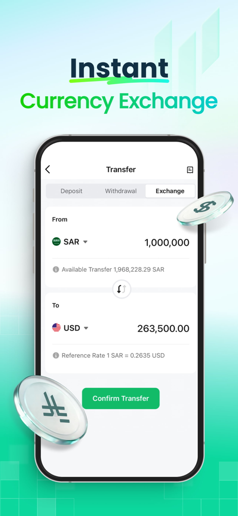 Affichage sur smartphone de l'application Sahm montrant une transaction de change du SAR vers le USD.