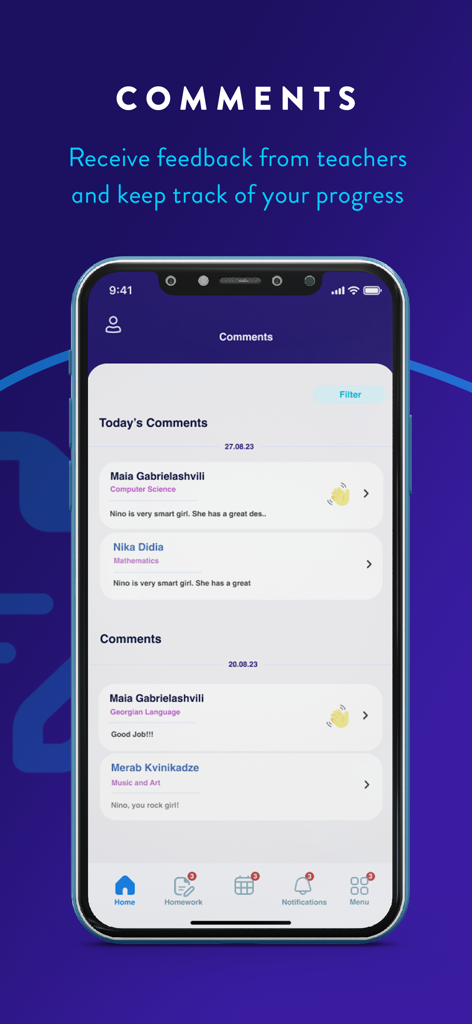 Interfaz de la aplicación SchoolBook que muestra comentarios de los profesores y comentarios sobre el progreso del estudiante