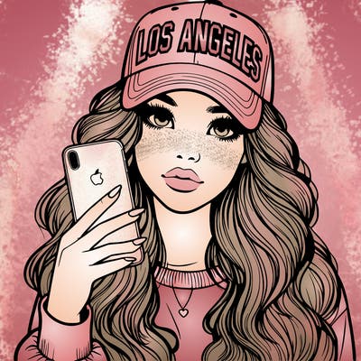 realistic beautiful girl wearing los ángeles cap holding an iphone