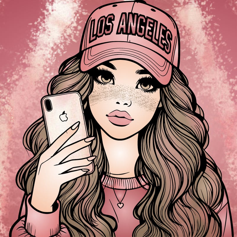 realistic beautiful girl wearing los ángeles cap holding an iphone