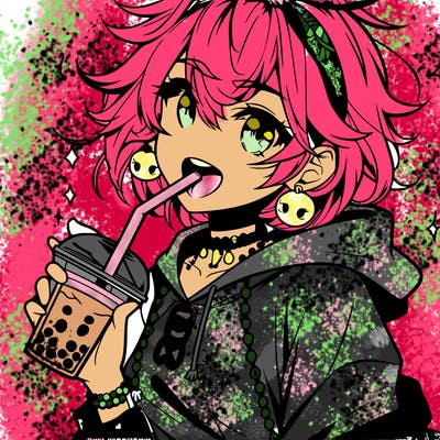 hot baddie anime girl drinking boba and biting the straw