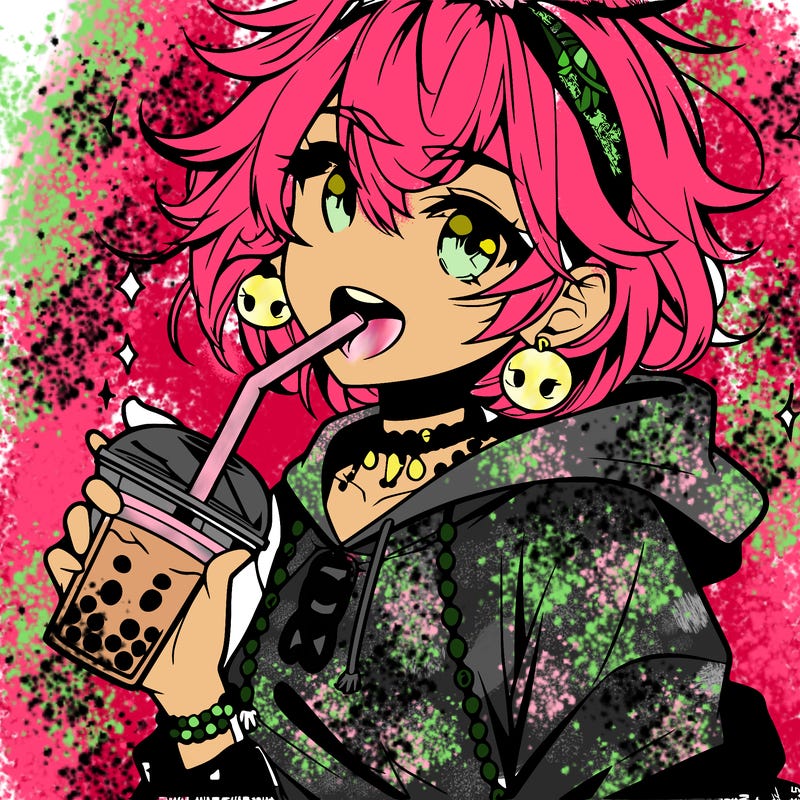 hot baddie anime girl drinking boba and biting the straw