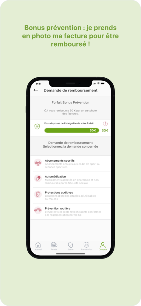 Mutuelle MGEN Espace personnel - Écran de l'application mobile MGEN affichant les options de demande de remboursement pour les services de prévention tels que les abonnements sportifs et les médicaments.
