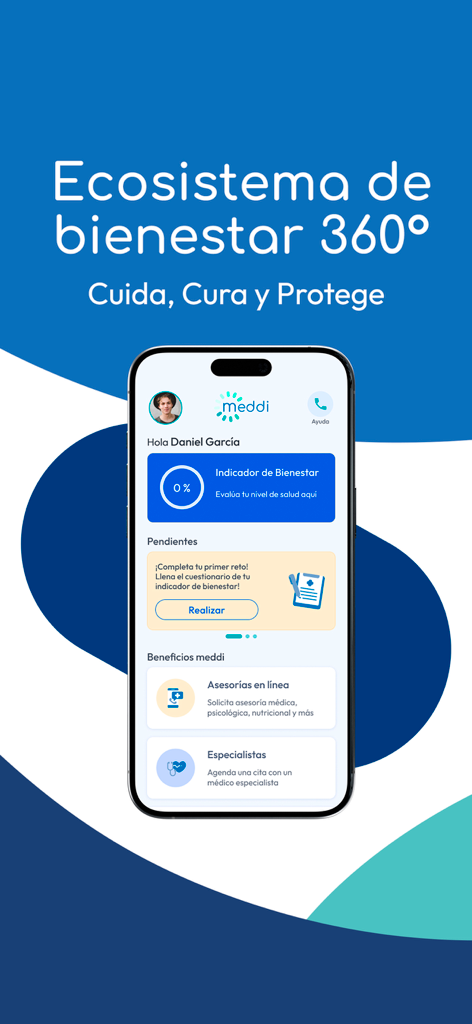 Meddi - Meddi mobile app interface showing a 360-degree digital health ecosystem with well-being indicators and medical consultation options