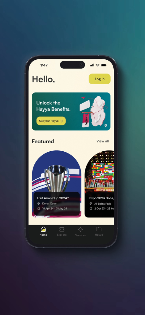 Hayya to Qatar - Écran d'accueil de l'application Hayya au Qatar montrant les avantages de voyage et les événements en vedette
