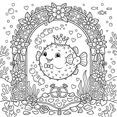 Get ready for an aquatic celebration of love with this unique pufferfish wedding coloring page! Featuring a charming crowned pufferfish under a beautiful floral arch, it's a delightful scene waiting for your creative touch.