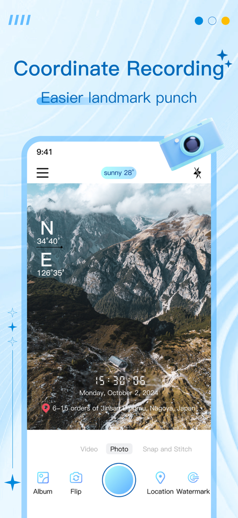 Mobile app interface showing a photo with GPS coordinates, timestamp, and location address watermark