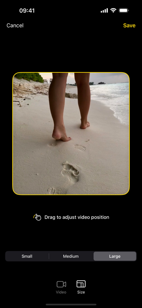 Oberfläche der Video Widget App, die eine Strandszene zeigt, die für ein großes Home-Bildschirm-Widget bearbeitet wird.