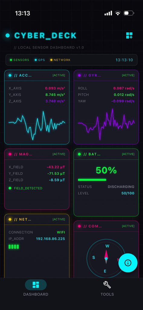 Cyber Deck - System Console - Real-time sensor dashboard of the Cyber Deck app featuring a neon cyberpunk user interface