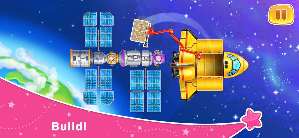 Pantalla de juego educativo para niños que muestra un transbordador espacial construyendo una estación espacial