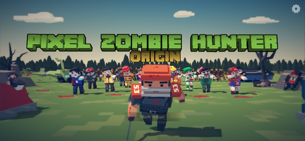 Pixel Zombie Hunter: Survival - Pixel Zombie Hunter Origin title screen featuring voxel art characters and a crowd of zombies in an open field