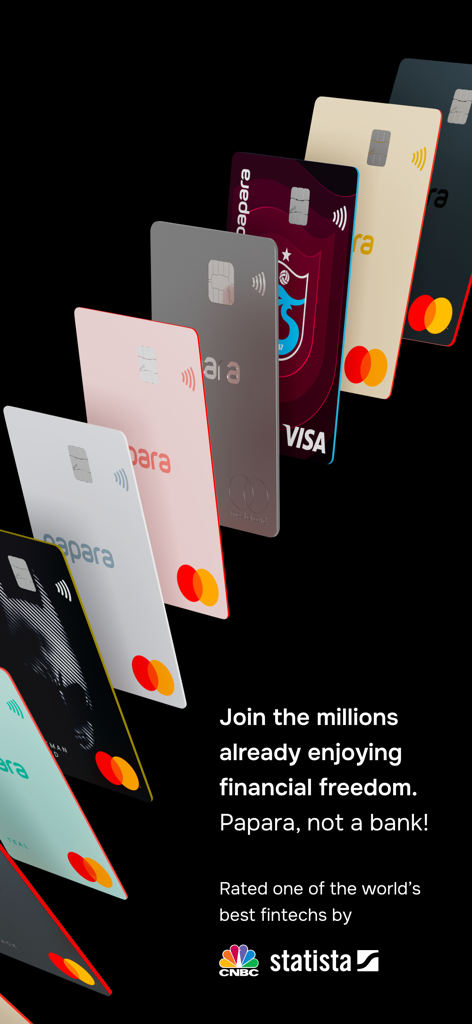 Papara - Une variété de cartes Papara colorées disposées en diagonale sur un fond sombre