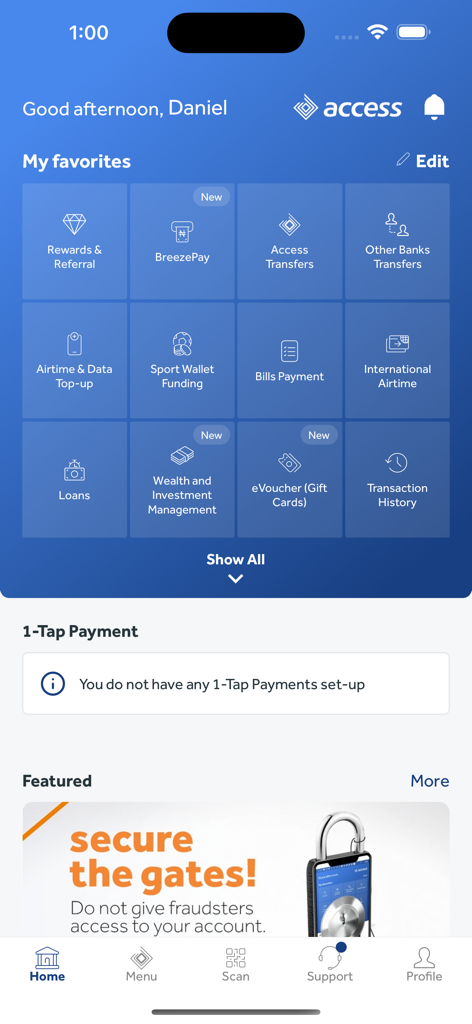 Home screen of the Access More mobile banking app showing the dashboard with features like transfers loans and investment services