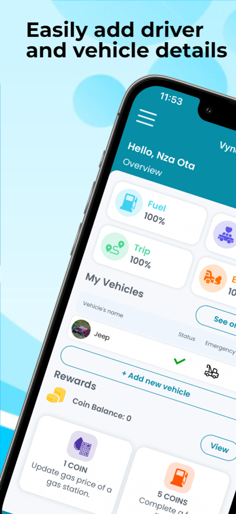Vyncsアプリのインターフェース。車両の詳細、燃料レベル、ドライバーの報酬が表示されます。