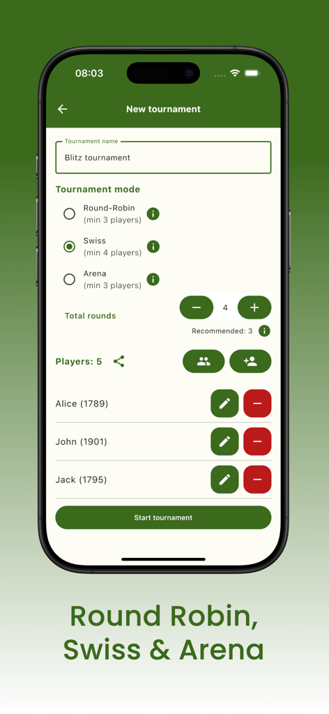 Chess Tournament Manager Pro - Interfaz de la aplicación Chess Tournament Manager Pro que muestra opciones para crear un nuevo torneo con modos Suizo, Round-Robin o Arena.