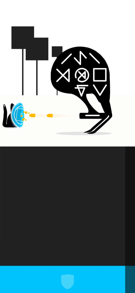 A magic cat using a blue shield to block projectiles from a large boss character with white symbols