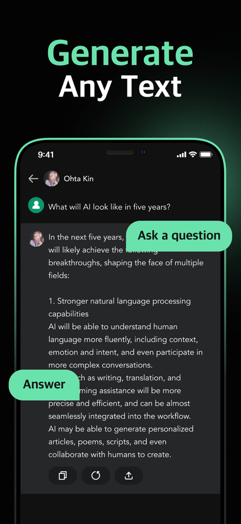 Una pantalla de teléfono inteligente que muestra un chatbot de IA respondiendo una pregunta y generando texto.