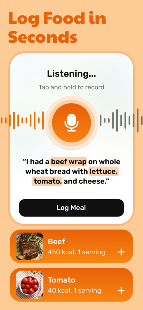 Calorie Counter - Eatwise AI - Interface do aplicativo Eatwise AI para registrar refeições por voz e rastrear calorias.