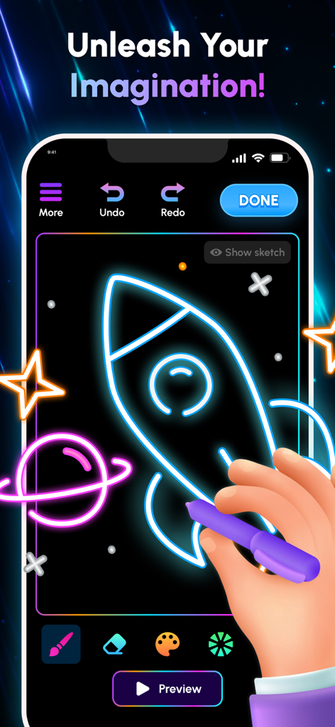Uma mão usando uma caneta stylus para desenhar um foguete e um planeta brilhantes em neon em um aplicativo de doodle para celular