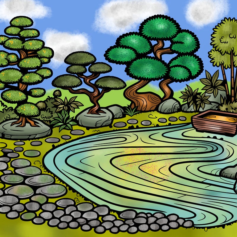 a serene zen garden with raked gravel, bonsai trees, and tranquil ponds