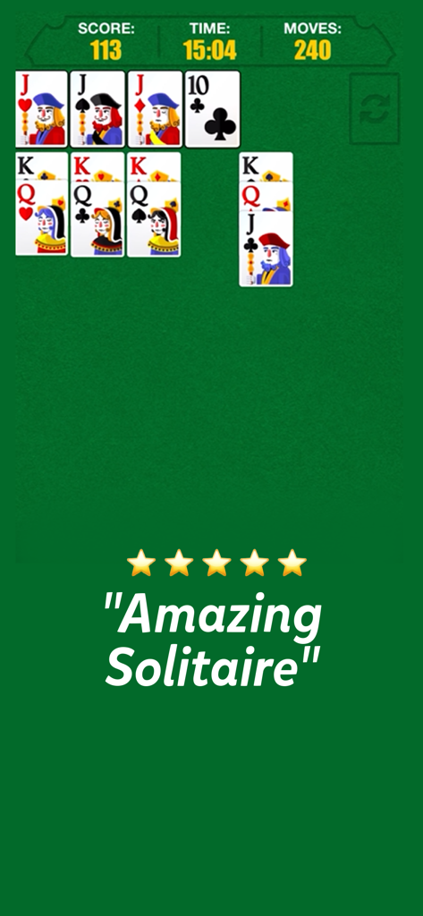 Solitary Classic card game - Captura de pantalla del juego Solitario Clásico con una calificación de cinco estrellas y un increíble texto de reseña de solitario