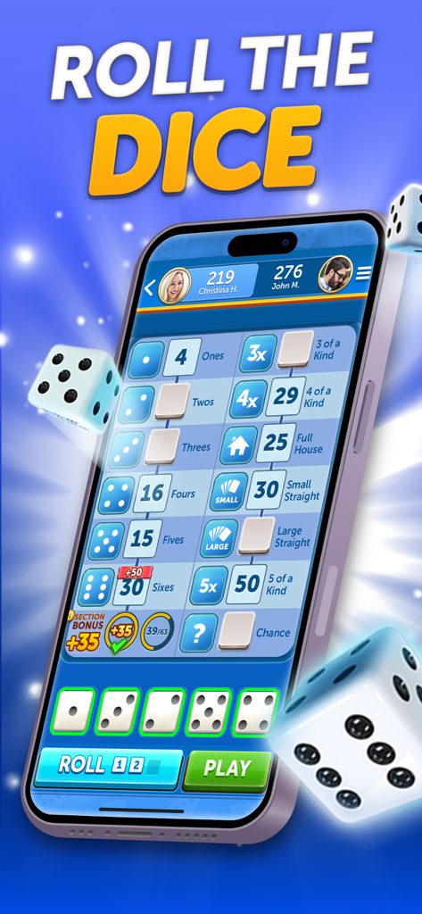 A smartphone displaying a multiplayer dice game scorecard with floating dice and the text Roll the Dice.