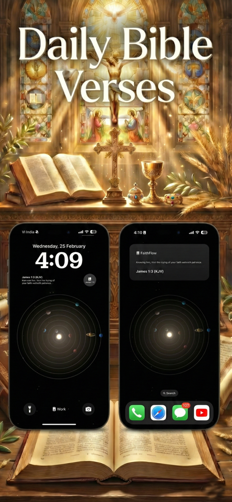 Bible Widget: Verses & AI Chat - Dos iPhones mostrando widgets de versículos bíblicos diarios en pantallas de bloqueo y de inicio