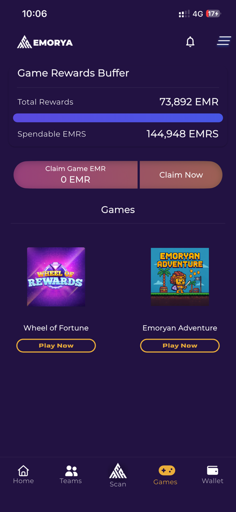 Interface do aplicativo Emorya mostrando o buffer de recompensas do jogo e jogos móveis disponíveis para ganhar recompensas