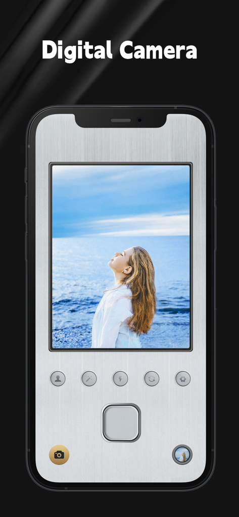 Dazz Cam app showing a retro digital camera interface with a photo of a woman by the sea