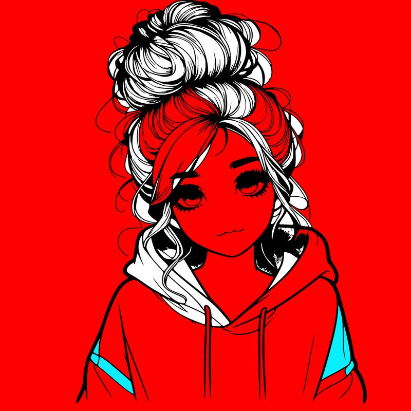 realistic girl with a massy bun and a hoodie