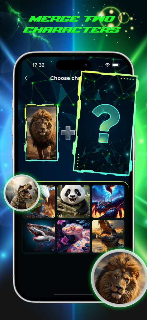 Animal Fusion & Mix Character - Mobile screen showing character selection to merge a lion with other animals in Animal Fusion app