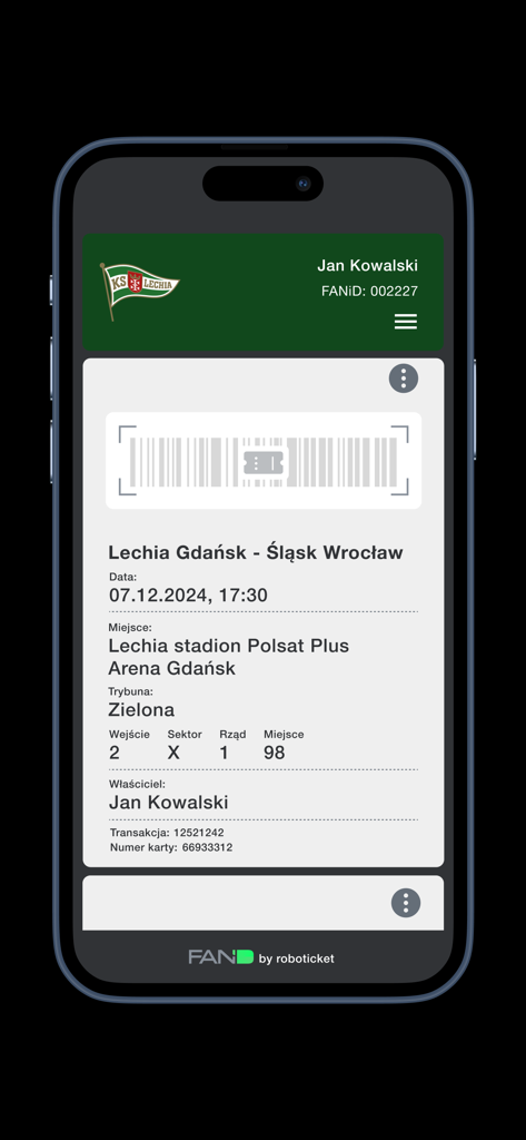 Bilety Lechia Gdańsk - Biglietto digitale per la partita di calcio sull'app mobile Bilety Lechia Gdansk che mostra i dettagli della partita e il codice a barre di ingresso