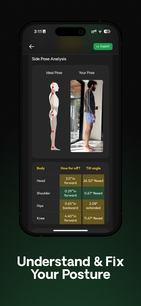 Posture AI: Correct My Posture - 詳細な傾斜角度のメトリックとともに、理想的な姿勢と比較したユーザーのアライメントを比較する、AI搭載の横向き姿勢分析。