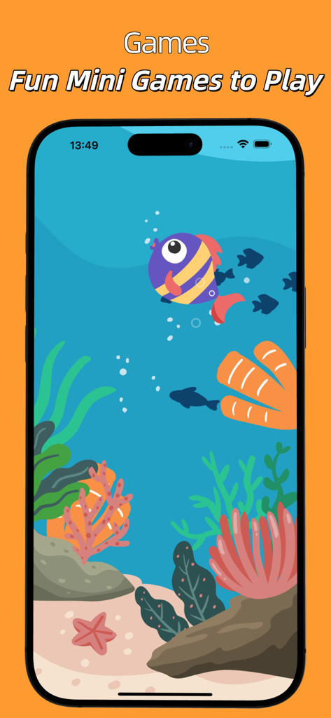 MeowMew - Cat Personality Test - Captura de tela do aplicativo MeowMew mostrando um minijogo de peixes subaquático para interação com o gato