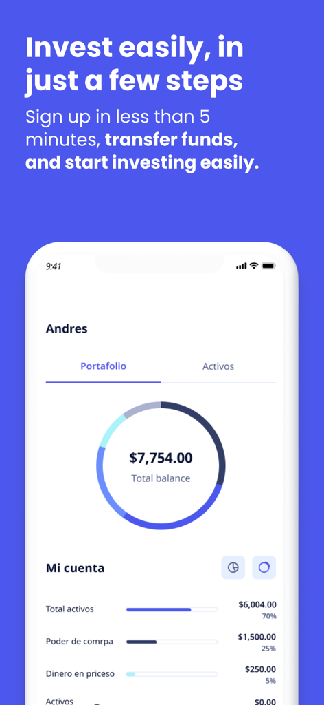 Tableau de bord de l'application mobile Hapi montrant un résumé du portefeuille de l'utilisateur et le solde du compte en espagnol.
