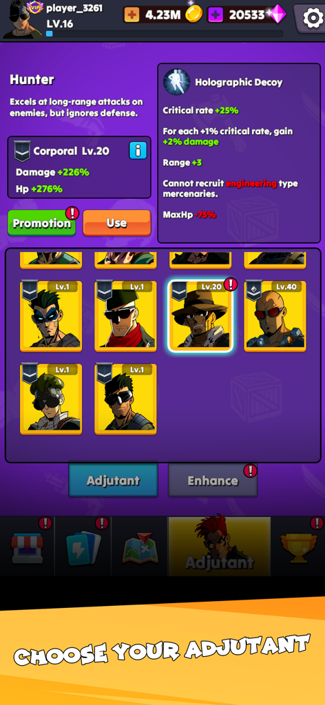 Idle Zombie Wave: Survival TD - A character selection screen in Idle Zombie Wave showing stats and skills for the Hunter adjutant.